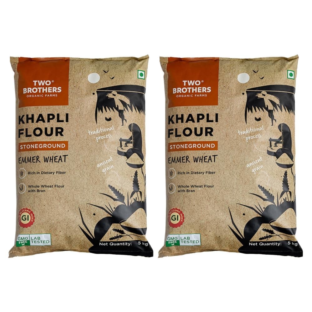 Two Brothers Organic Farms - Khapli Wheat Flour (10kg) | Low-Gluten Wheat Flour | High Dietary Fiber for Easy Digestion | Stoneground Emmer | Khapli Atta | Glyphosate Free