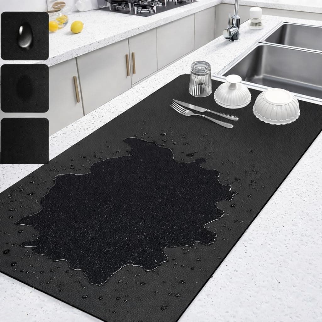 Large Kitchen Drying Mat 40x60 cm, Rubber Dish Dry Mat, Anti Slip, Waterproof & Heat Resistant, Fast Drying Mat for Utensils & Dishes, Black