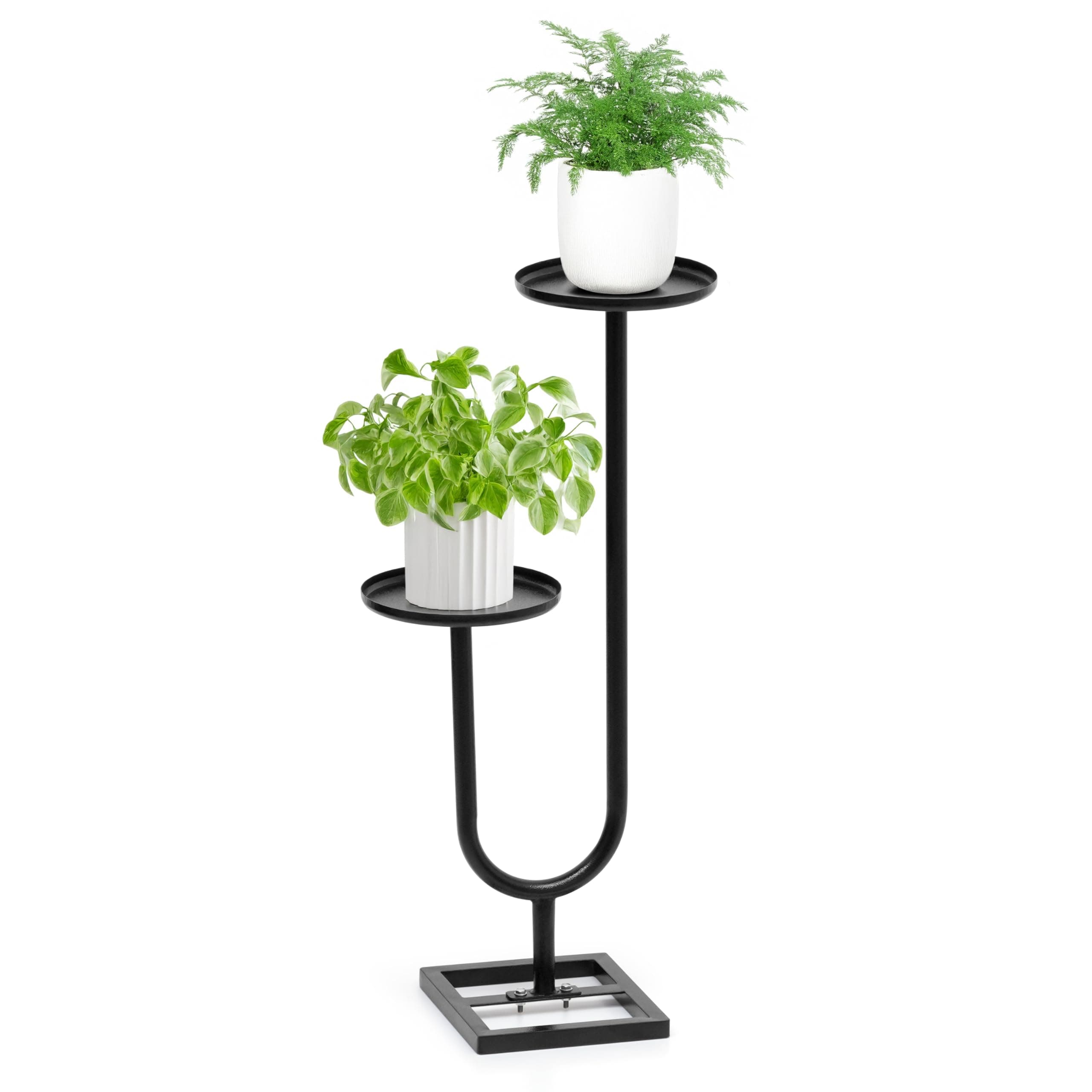 Livzing 2 tier Metal plant stand | U Shaped Tall Corner Flower Pot Holder for Indoor and Outdoor use | Double Pot | Round Planter Shelf for Patio Garden Balcony Living Room Bedroom Decor - Black