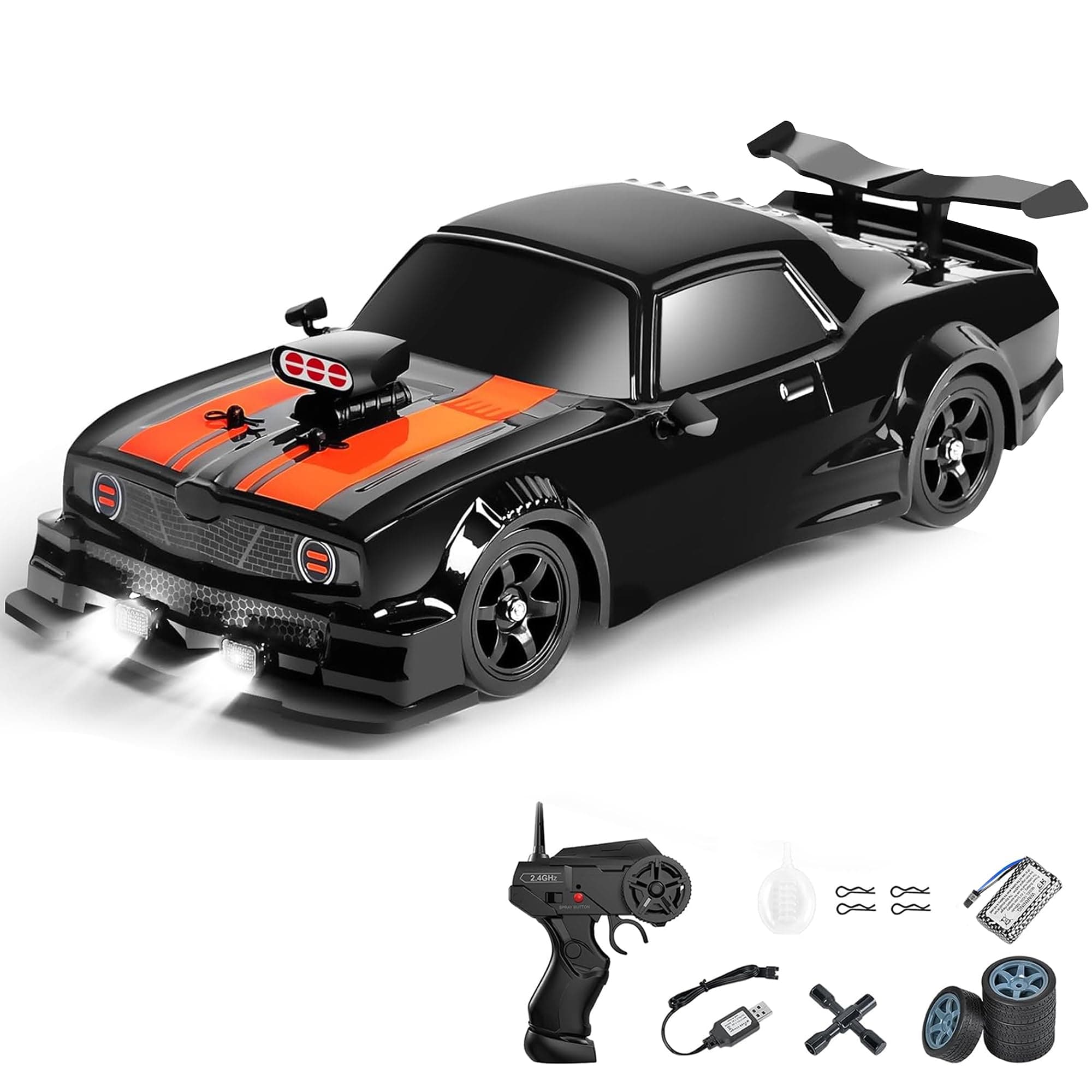 Zivvy Big Remote Control Car – Black | 2.4G Rechargeable Remote Control Drift Car with 150m Range | Smoke Effect, LED Lights & Music | High-Speed | Best Gift for Boys & Girls 2 3 4 5 6 7 8+ Years