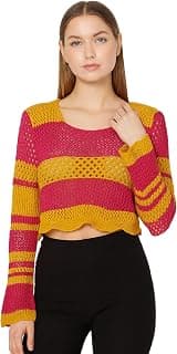 ICW Women's Korean Style Knitted Sheer Crochet Long Sleeve Hollow Out Colour Block Print Crop Top T-Shirt Sweater (One Size Fit XS-S-M Bust 32-36 Inch) 29