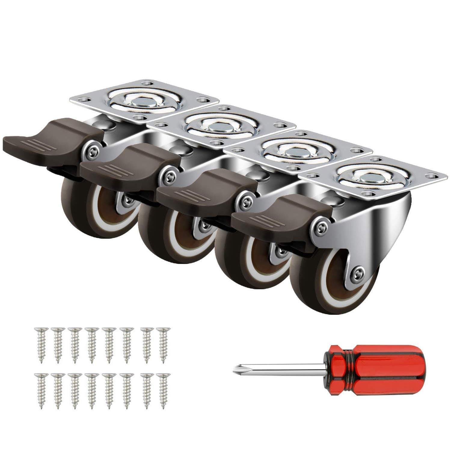 Homhoo Decolighting 1" Caster Wheels Swivel Plate W/Break Casters On Black Polyurethane Wheels Heavy Duty - 100 Lbs