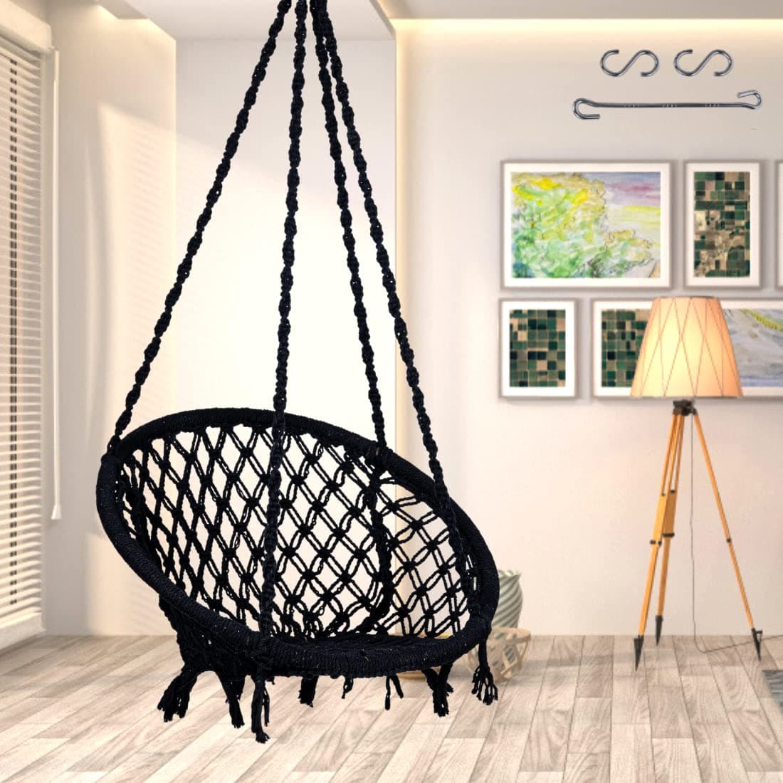 Patiofy Round Cotton Hammock Swing for Adults & Kids/Jhula Swing for Balcony, Indoor, Outdoor, Garden/Capacity Upto 120Kgs/ Includes Free Hanging Accessories/Handmade Hammock Hanging Swing Chair-Black