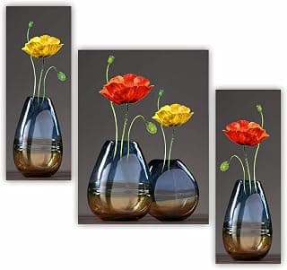 SAF paintings 3 Panel MDF Wall Painting – Red & Yellow Flower Vase Design | Decorative Modern Art for Living Room, Bedroom, Hallway & Office | Set of 3 Vertical Wall Panels paintings
