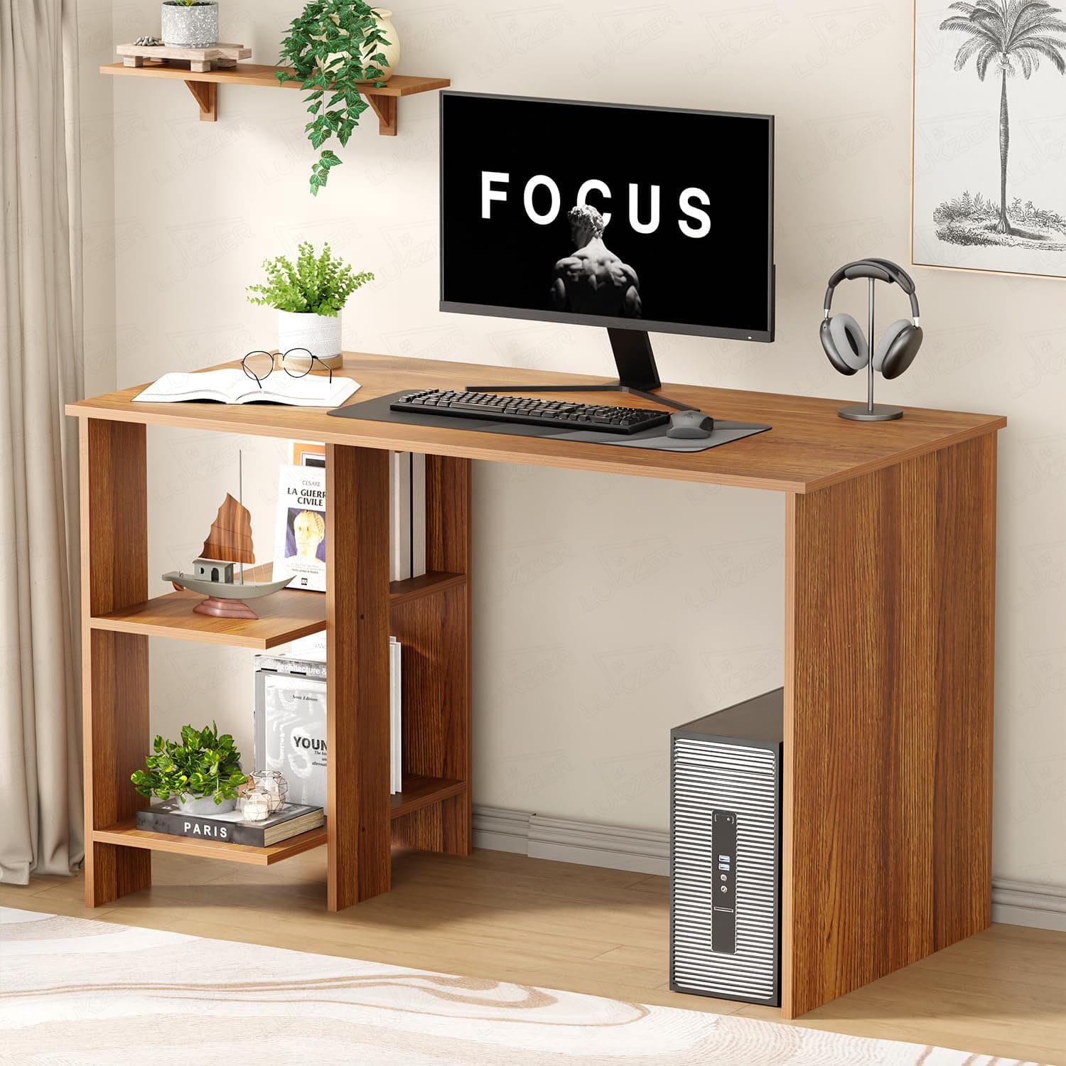 Lukzer Engineered Wood Computer Desk with One Tier Shelves Laptop Study Table for Office Home Workstation Writing Modern Desk (ST-007/ Oak Brown/ 100 x 50 x 77 cm)