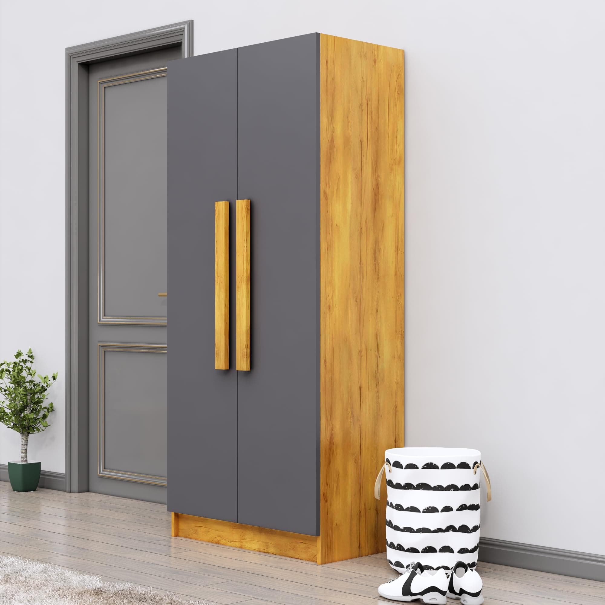 Bniture 2 Door Wardrobe for Bedroom | Almirah for Clothes with 4 Shelves | Spacious Storage Cupboard for Bedroom | Wooden Wardrobe (46D x 80W x 182H CM) | 3 Years Warranty | Giant Wood & Slate Grey