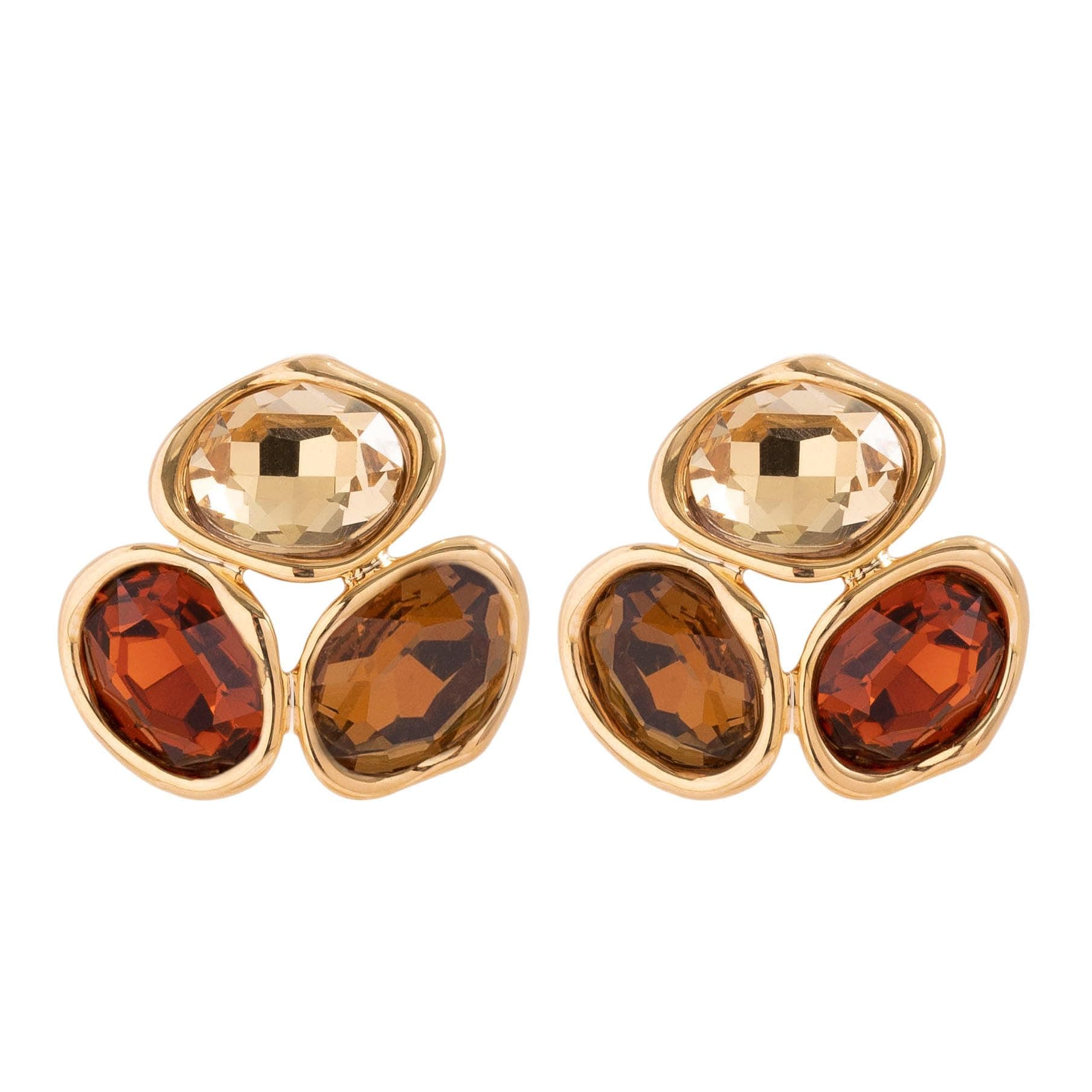 Gold Plated Triple Stone Crystal Stud Earrings for Women | Multicolor Oval Gemstone Cluster Earrings | Fashion Party & Wedding Jewellery