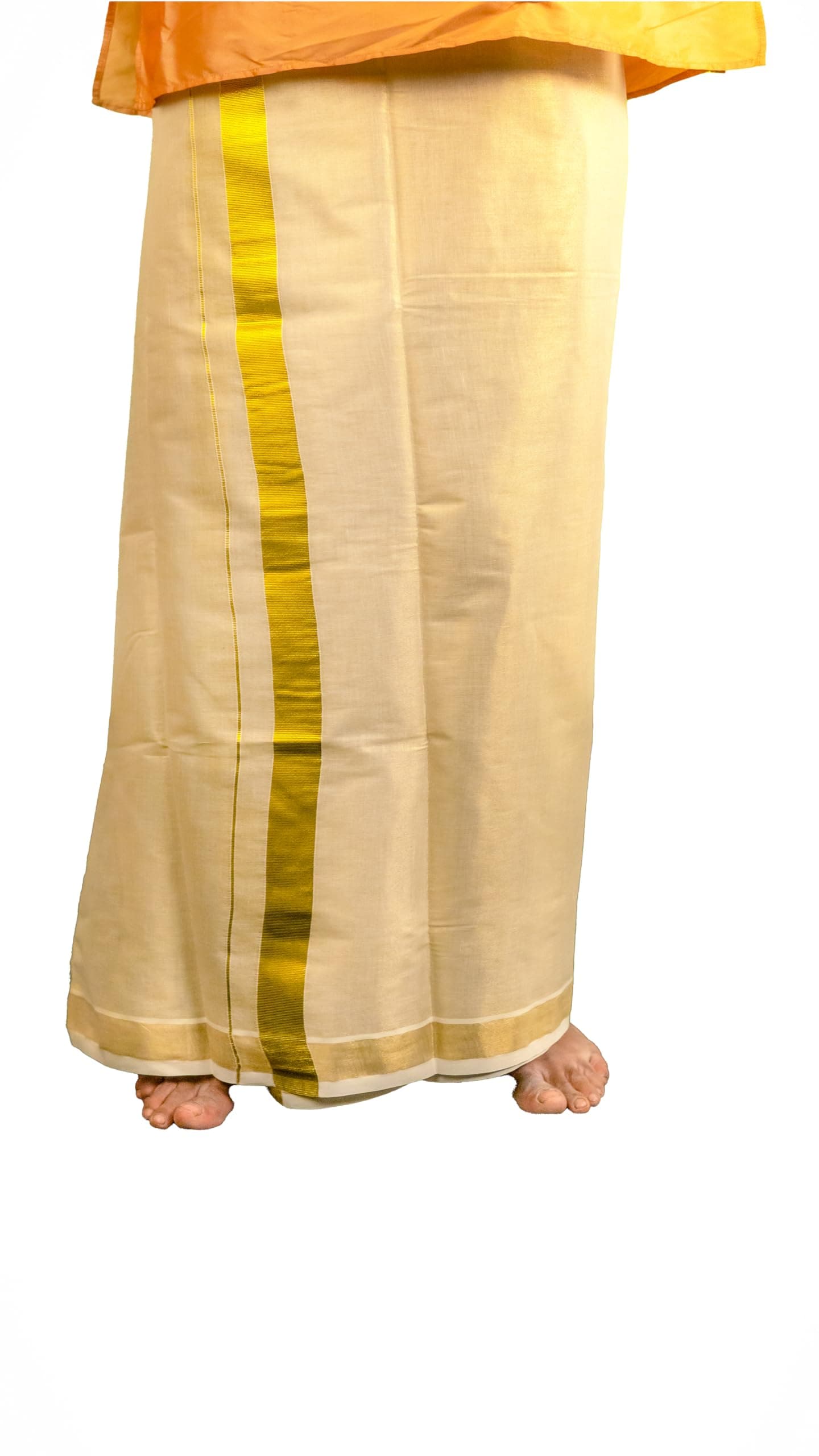 ALLUVY Kuthampully Men's Kerala Kasavu Dhothi Tissue 4 Metre | Golden Kerala Kasavu Mundu | Plain Tissue Dhoti For Men | Traditional South Indian Kasavu Mundu | EKM - 523