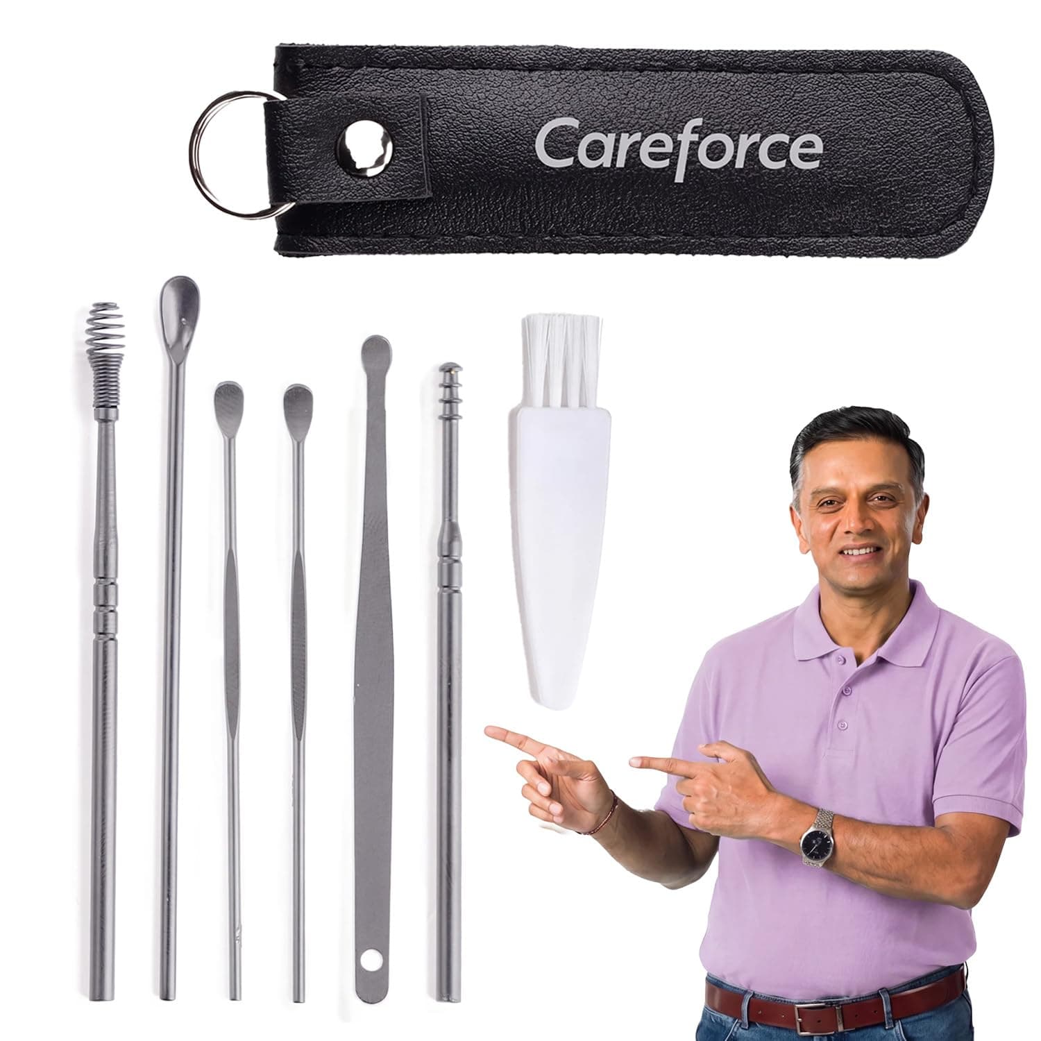 Careforce Ear Wax Cleaner - Resuable Ear Cleaner Tool Set with Storage Pack - Ear Wax Remover Tool Kit with Ear Curette Cleaner and Spring Ear Buds Cleaner 6 Pcs Set Silver