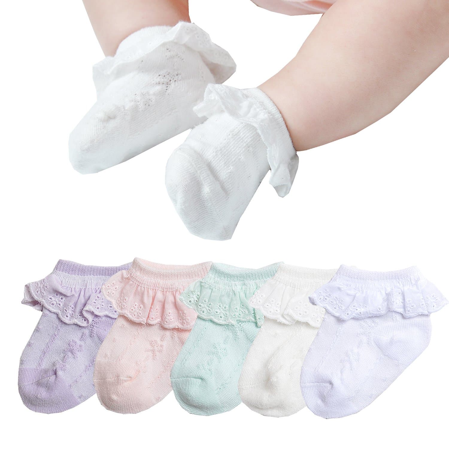 Epeius Baby-Girls Eyelet Frilly Lace Socks,Newborn/Infant/Toddler/Little Girls (Pack of 2/3/4/6)