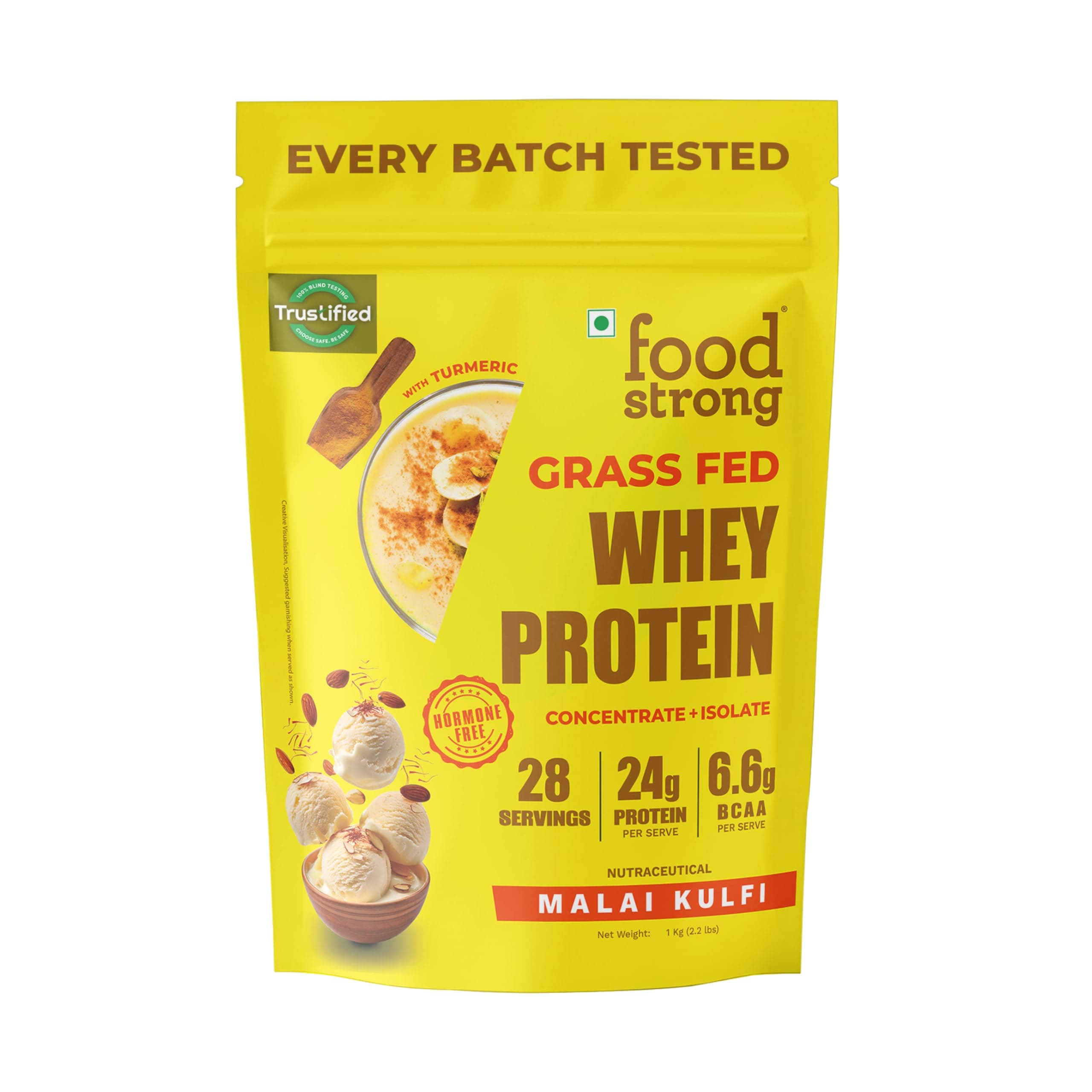 Foodstrong Whey Protein Powder (Concentrate + Isolate), 100% Hormone Free Grass-Fed Whey, 24G Protein & 6.6G BCAA, Malai Kulfi, With Turmeric & Digestive Enzymes, 1KG