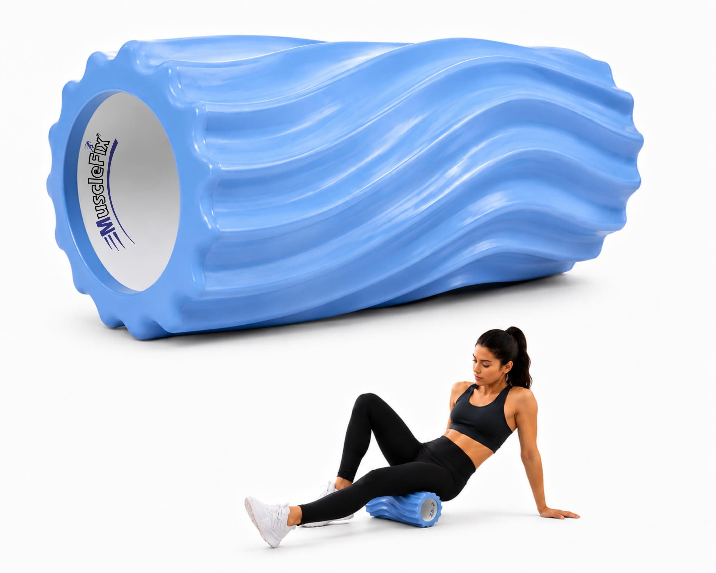 MuscleFix Anti Slip EVA Foam Roller for Deep Tissue Massage & Muscle Recovery 33 x 14 cm | Wave Texture Massage Roller | Trigger Point Therapy for Back, Legs, Glutes, Feet | Yoga, Pilates & Gym | Light Blue