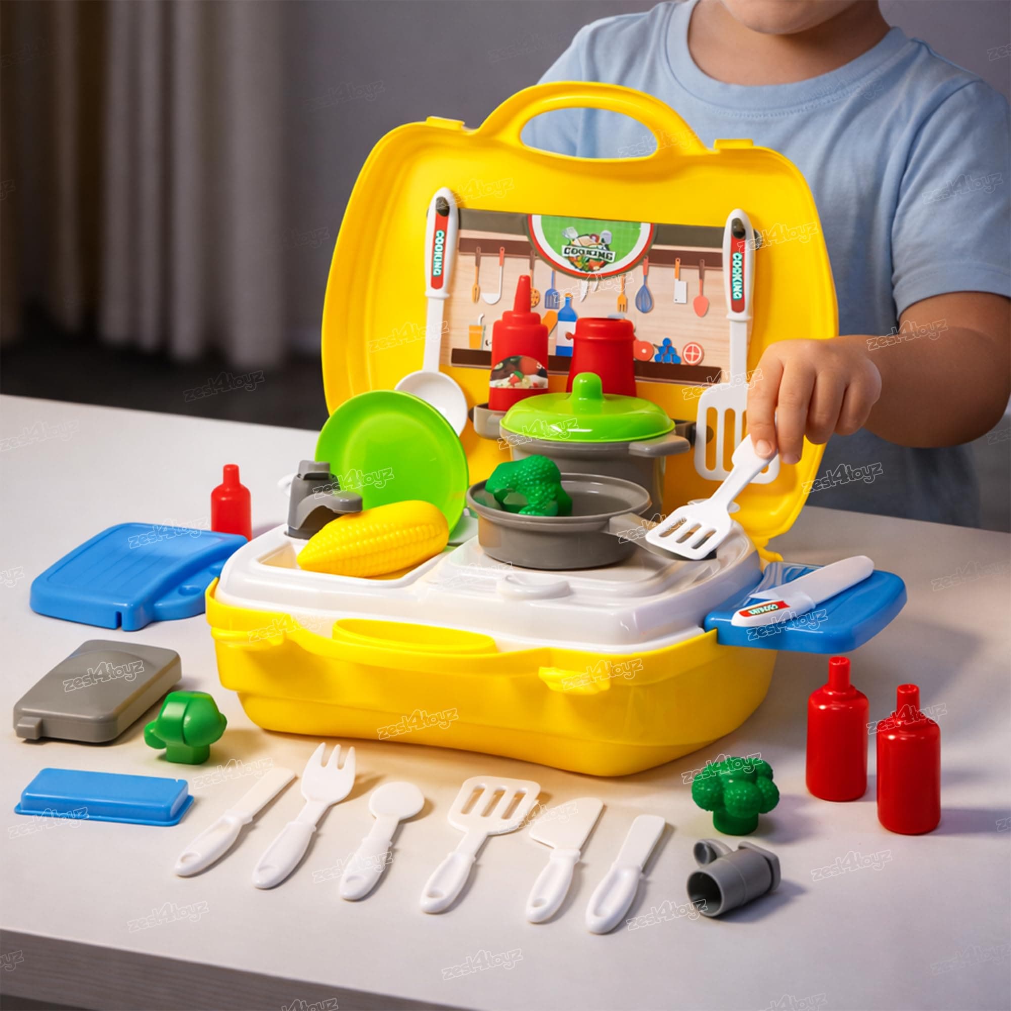 Zest 4 Toyz Kitchen Set for Girls | Kitchen Toys for Girls with Portable Suitcase 26 pcs | Cooking Set for Kids | Pretend Play Toys | Birthday Gifts for Kids - Yellow