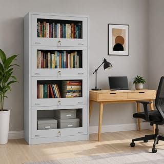 Amazon Brand - Solimo Steel Bookrack, 4 Door Bookshelf with Glass Doors for Home & Office, Metal Book Cabinet for Library, Study Room & Staff Room, Powder Coated (Light Grey)