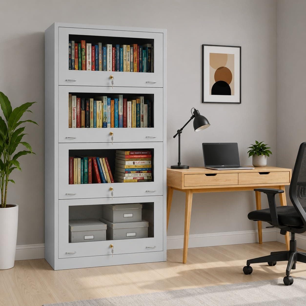 Amazon Brand - Solimo Steel Bookrack, 4 Door Bookshelf with Glass Doors for Home & Office, Metal Book Cabinet for Library, Study Room & Staff Room, Powder Coated (Light Grey)