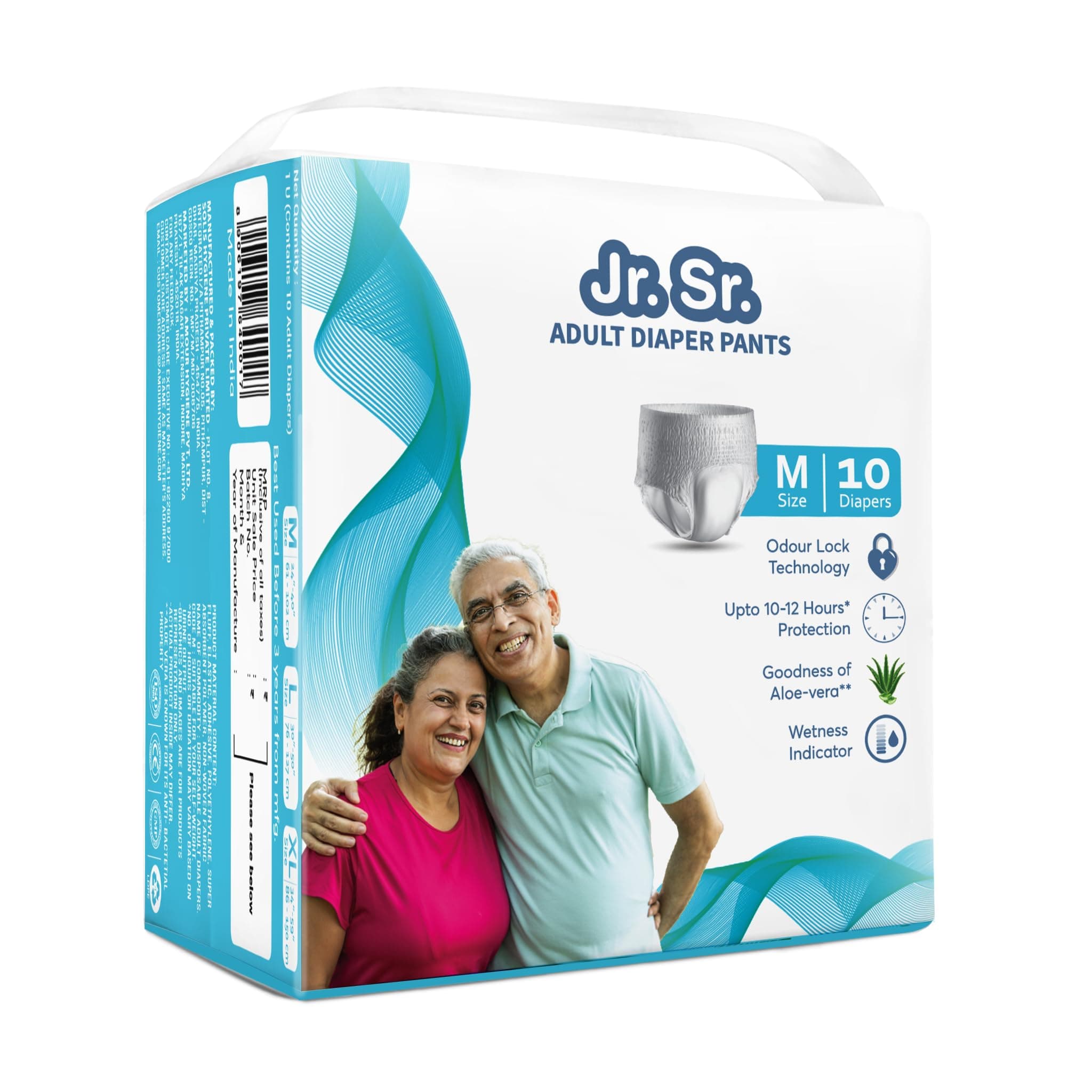 Jr. Sr. Adult Diaper Pants Style | Medium (M) Size 10 Counts | Waist 24"-40" (61-102cm)| Upto 12 hr Absorption Protection | Unisex with Wetness Indicator | Odour Control & Goodness of Aloe Vera