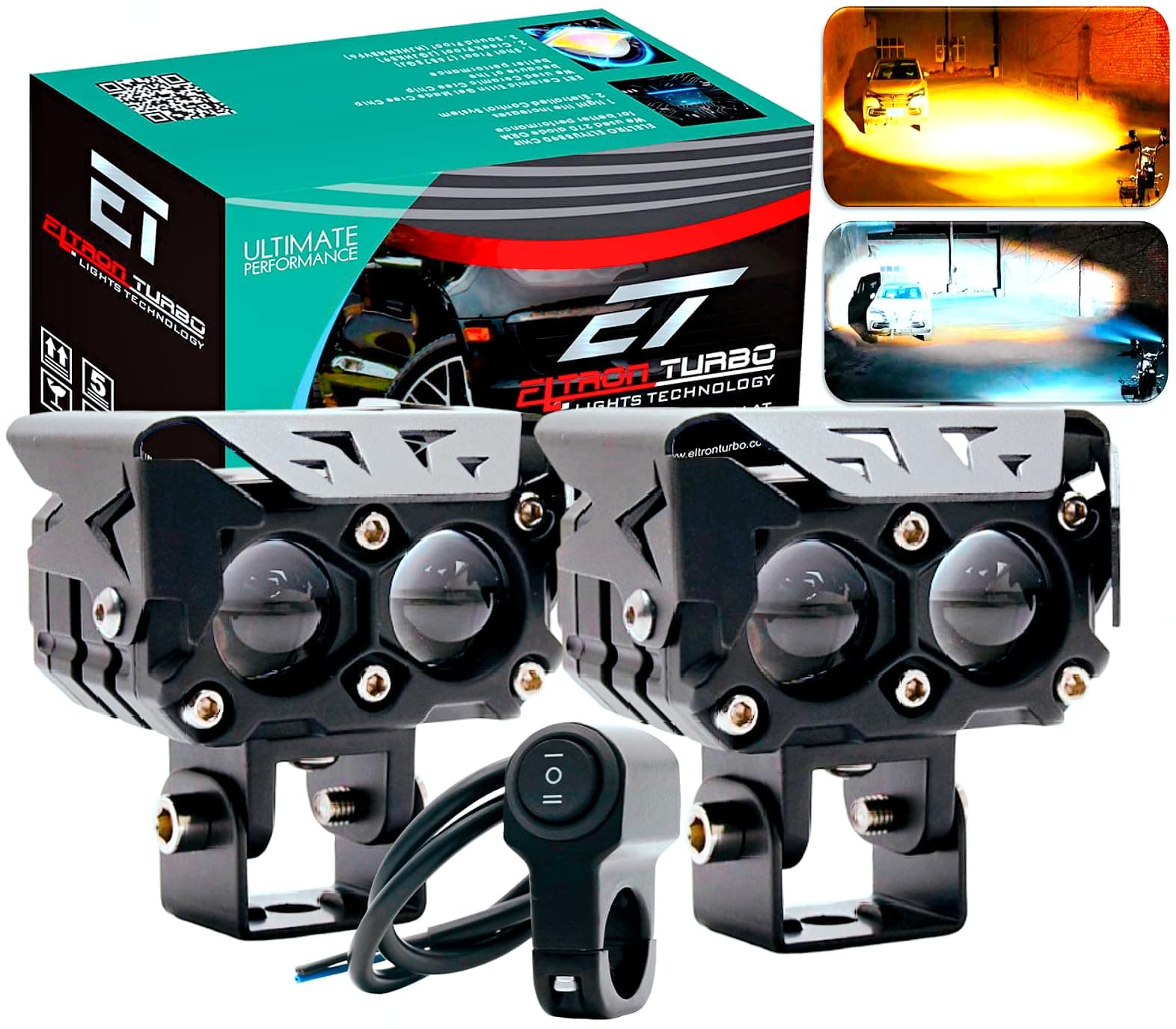 ELTRON TURBO Waterproof 2 Year Warranty Super High Bright Dual Lens Mini Driving Power Fog Light Universal All Motorcycle, White & Yellow Pack of 2, 12V DC 145W Each, Aluminium, Battery Powered, Led