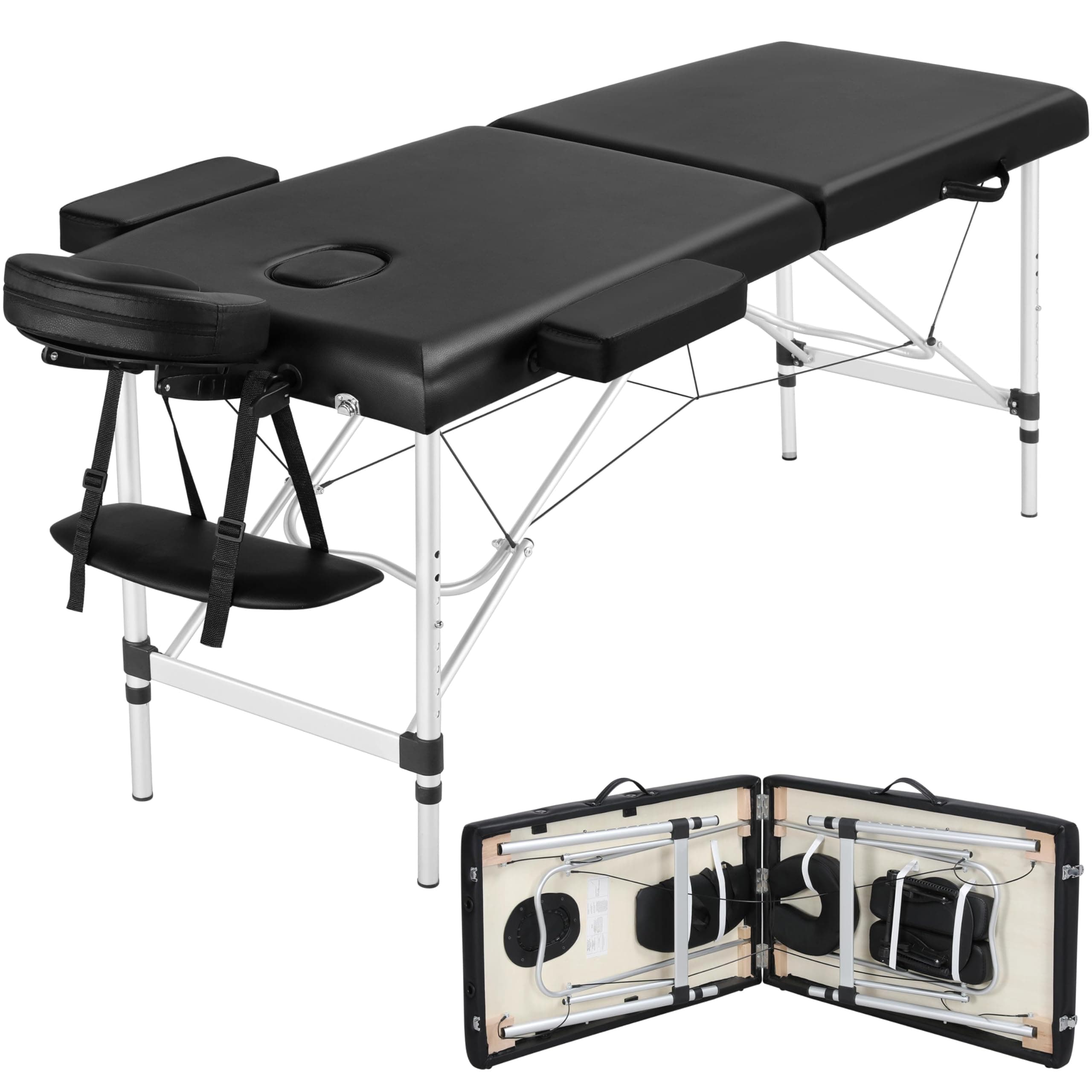 Yaheetech Aci Portable Massage Table 84Inch Massage Bed Aluminium Height Adjustable Facial Salon Tattoo Bed With Carring Case,3 Fold,Extra Wide,Black