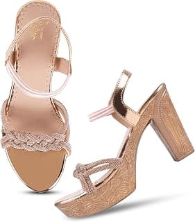 JM LOOKS Women's Heel Embellished Rhinestones Block Heels Braided Strap Soft Cushion Footbed Ankle Strap for Wedding Party.
