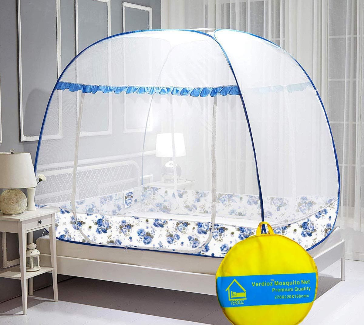 VERDIOZ WITH DEVICE Rectangular Super King Size Terylene Foldable Mosquito Net for Double Bed, with Mobile Pocket, PVC Coated Corrosion Free Steel Wire,30 GSM Whitest Net-(220X220X160 Cm- Blue)