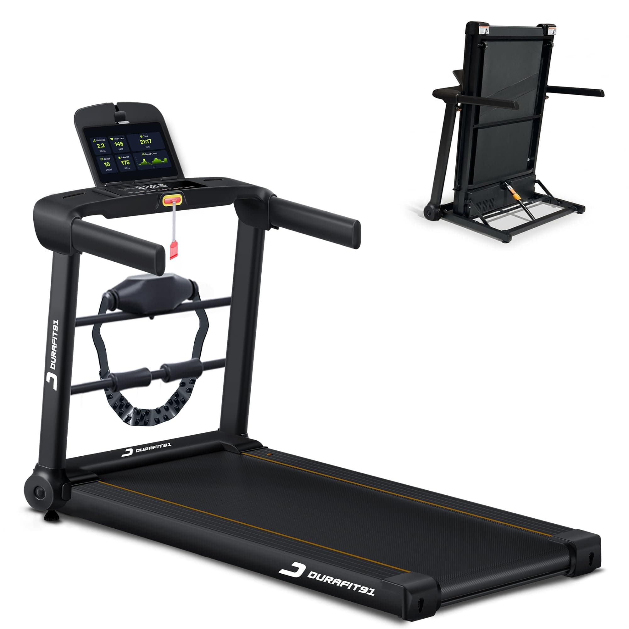 Durafit91™ Racer Multifunction 5 HP Peak BLDC Motorized Treadmill| 120 Kg User Weight| 16 Km/Hr Max Speed | Hydraulic Foldable| Bluetooth Speaker | Wynd app | Home use