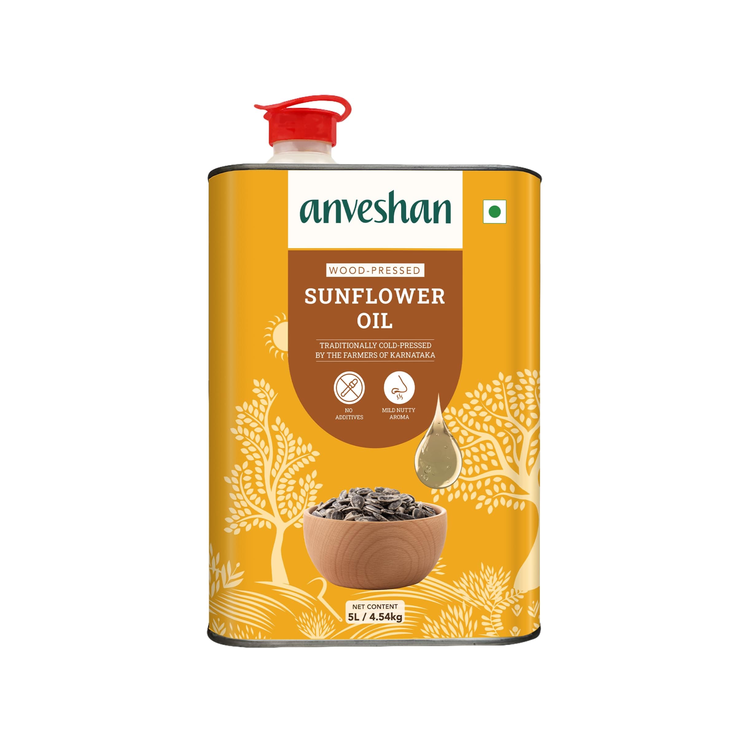 Anveshan Wood Cold Pressed Sunflower Oil 5L | Tin Can | Kolhu/Chekku | Natural Antioxidants & Rich in Omega-6 | Hexane Free| Cholesterol Free