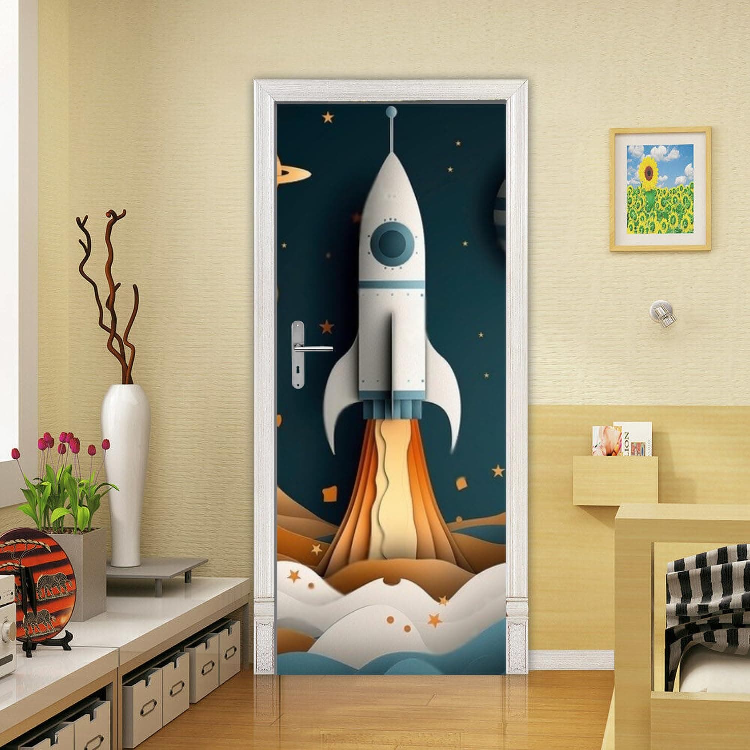 WHITECRAFTS Rocket Wallpaper for Kids Room Doors | Wallpaper for Door | Self-Adhesive Vinyl Sticker | Peel and Stick Murals for Doors, Almirahs, Tables | Waterproof, (30x78 inch) | P19_D100