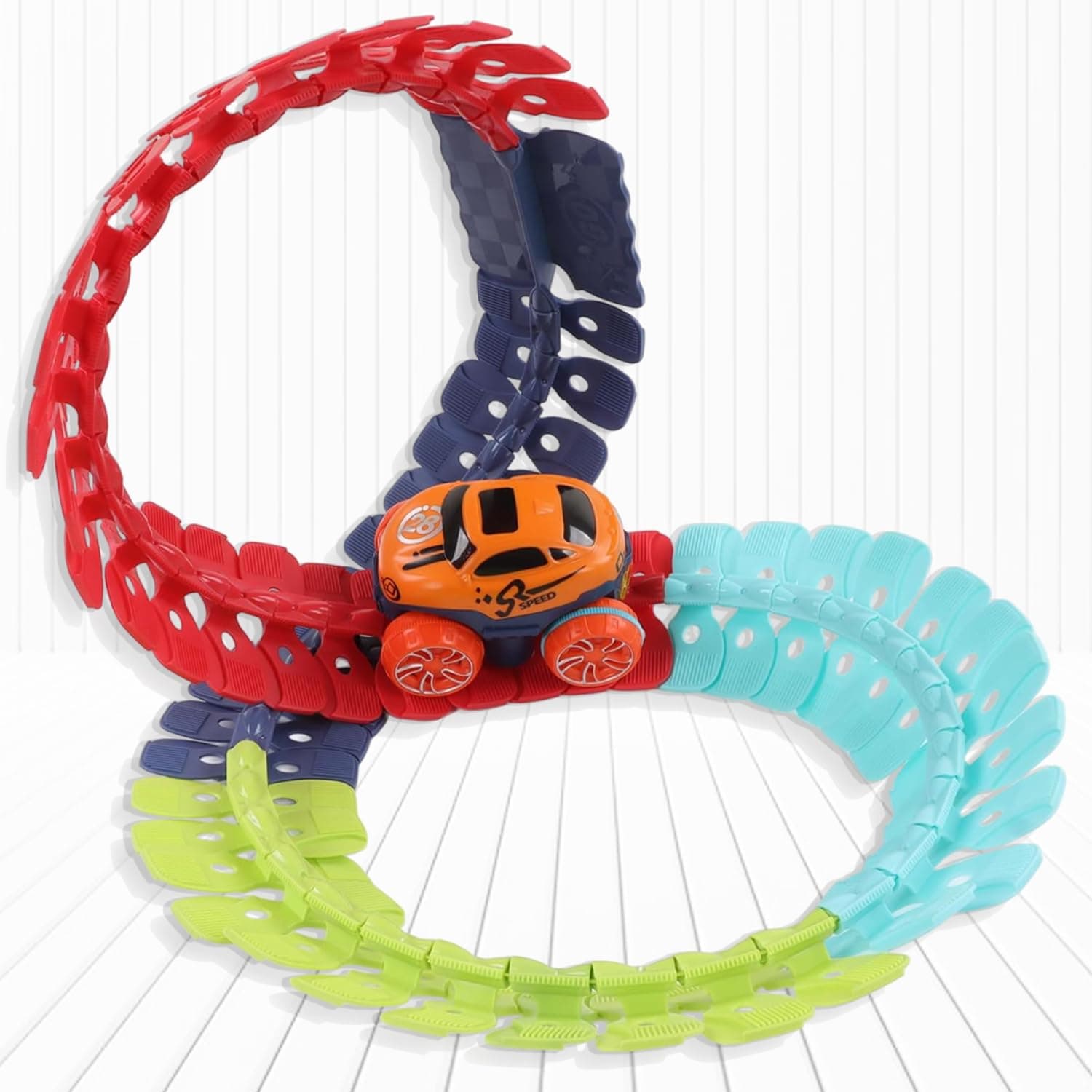 ToyMagic 102 Pcs Track Set with 2 Monster Car Toys for Kids|LED Light-Up Race Cars|Max 8 Ft. Flexible Changeable Racing Car Tracks Set Toys for 3+ Old Boys Girls|Best Birthday Gifts|Made in India
