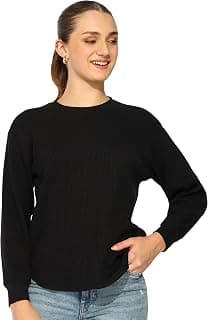 Alan Jones Clothing Women's 100%Cotton Relaxed Fit Waffle Crew Neck Long Sleeve T-Shirt