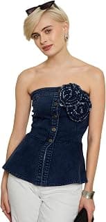 sassafras Women's Denim Corsage Button Down Top