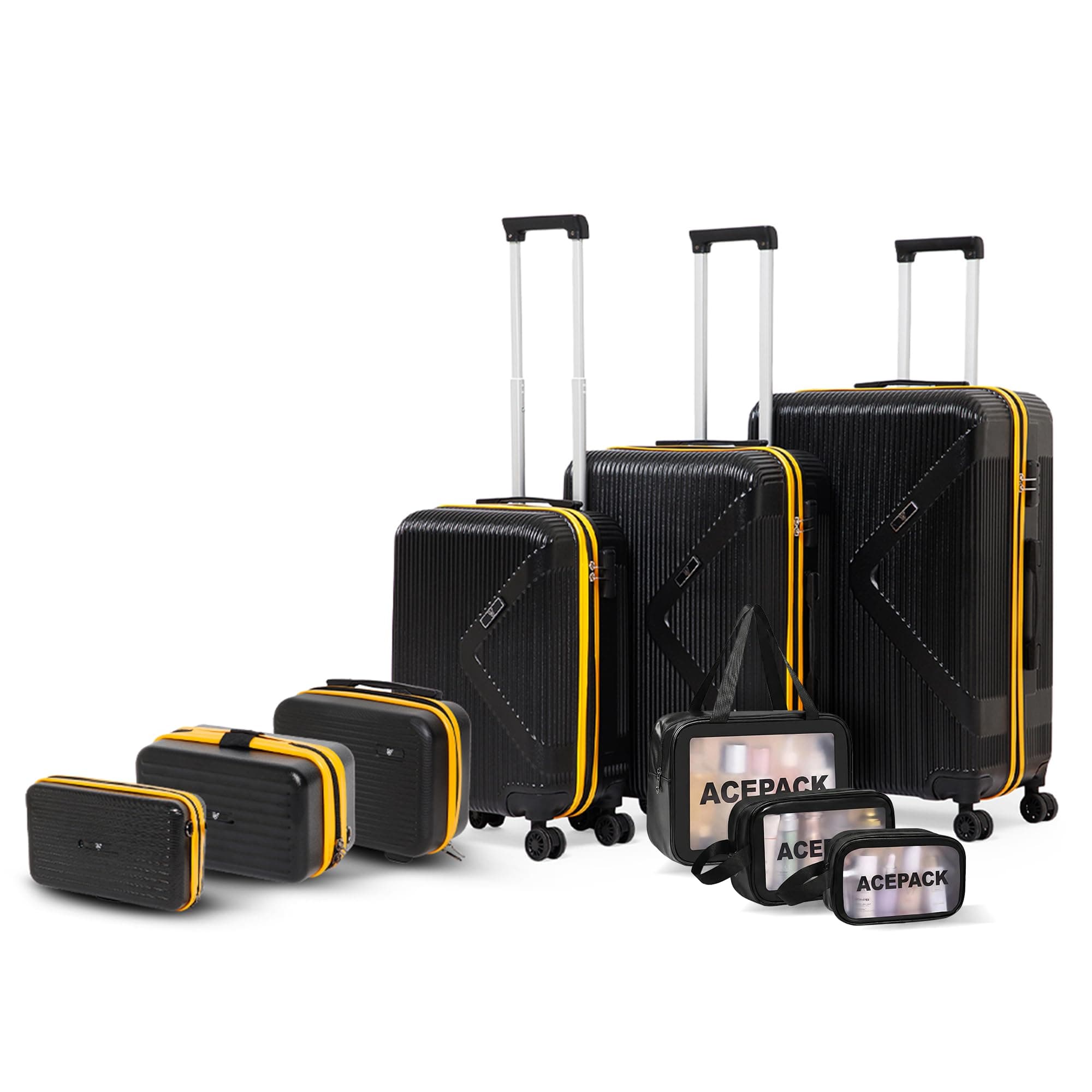 ACEPACK by Verage Megatron 9-Pcs Family Luggage Set | 3 Polypropylene Trolley Suitcases (S+M+L) + 3 Vanity Cases + 3 Wash Bags | Spinner Wheels, Number Lock, Lightweight Travel Suitcase Set