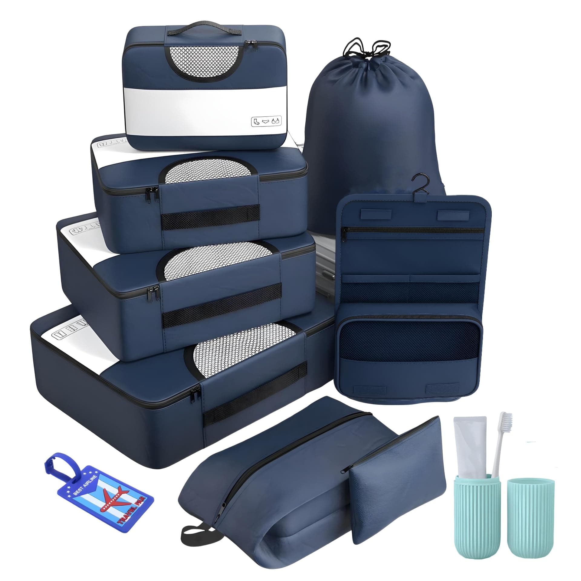 OCEANEVO Ethylene_Vinyl_Acetate Set of 10 Packing Cubes With Luggage Tag & Toothbrush Holder Travel Organiser Bags for Luggage Suitcase Organizer for clothes Shoe & Lingerie - Model 2.0 - Navy Blue