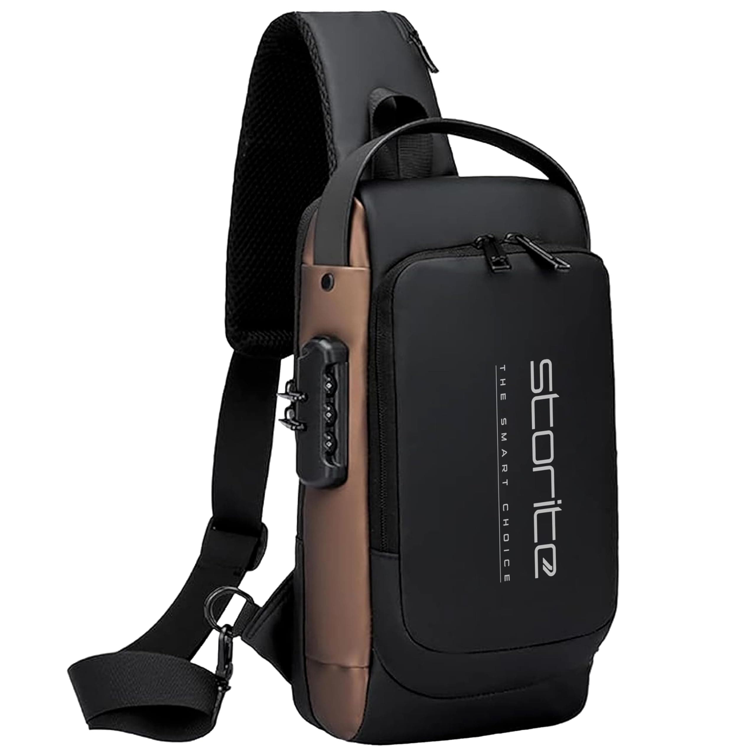 Storite Crossbody Chest Bag for Men & Women, Black/Brown, 17x9x32 cm | Durable Polyester, Anti-Theft Design, USB Charging Port, 5 Zipper Pockets, Adjustable Strap, Travel, Office, Daily Use