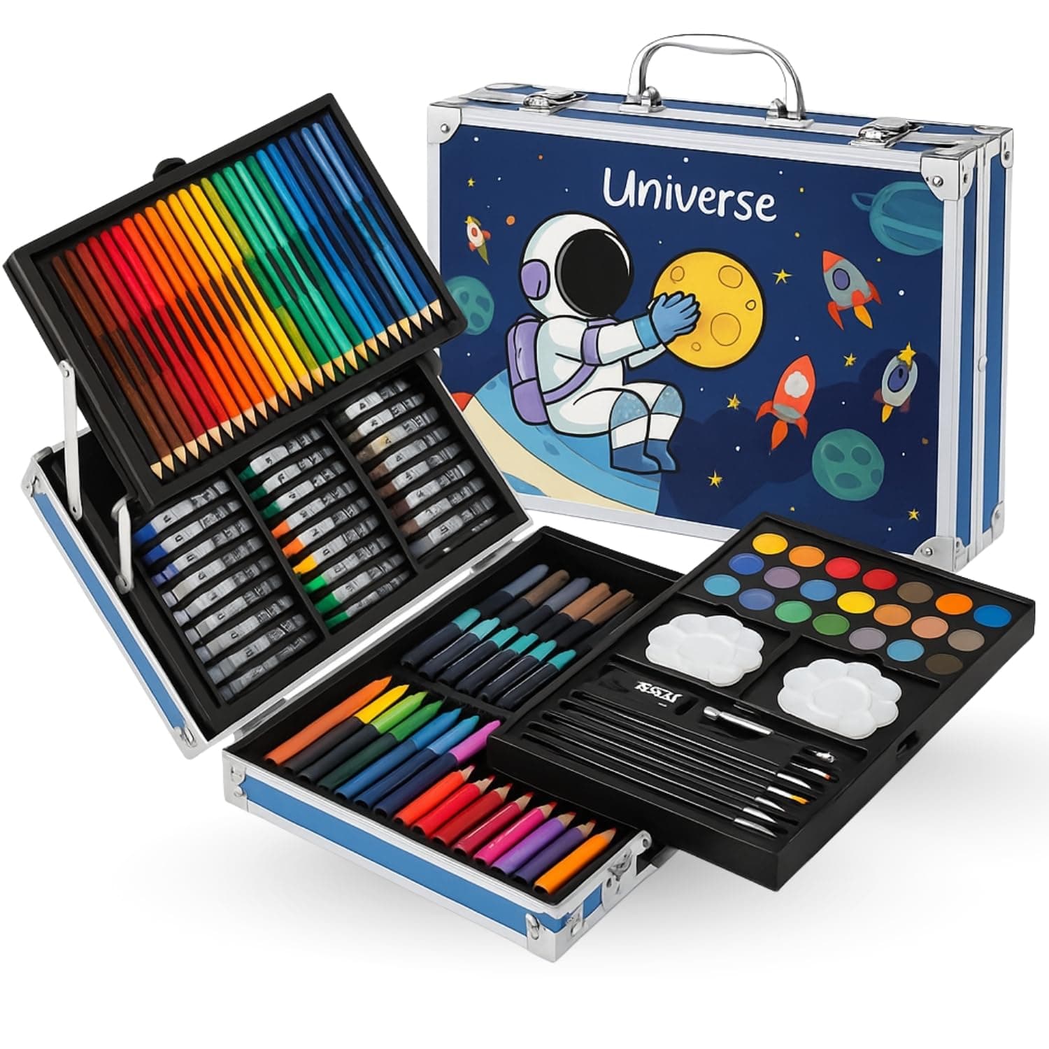 TOYTONIC 145 Pieces Art Set for Kids | Drawing & Colouring Kit with Oil Pastels, Watercolors, Color Pencils & Sketch Pens in Carry Case | Perfect Birthday, Diwali & Return Gift for Girls & Boys (Space Theme)