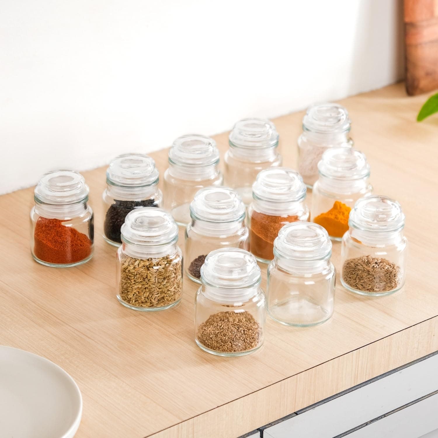 Nestasia Small Glass Jar with Lid Set of 12 (100ml Each) - Transparent Glass Jars with Airtight Silicone Gasket Lid for Kitchen Storage Pantry, Spice, Masala & Pickles Storage