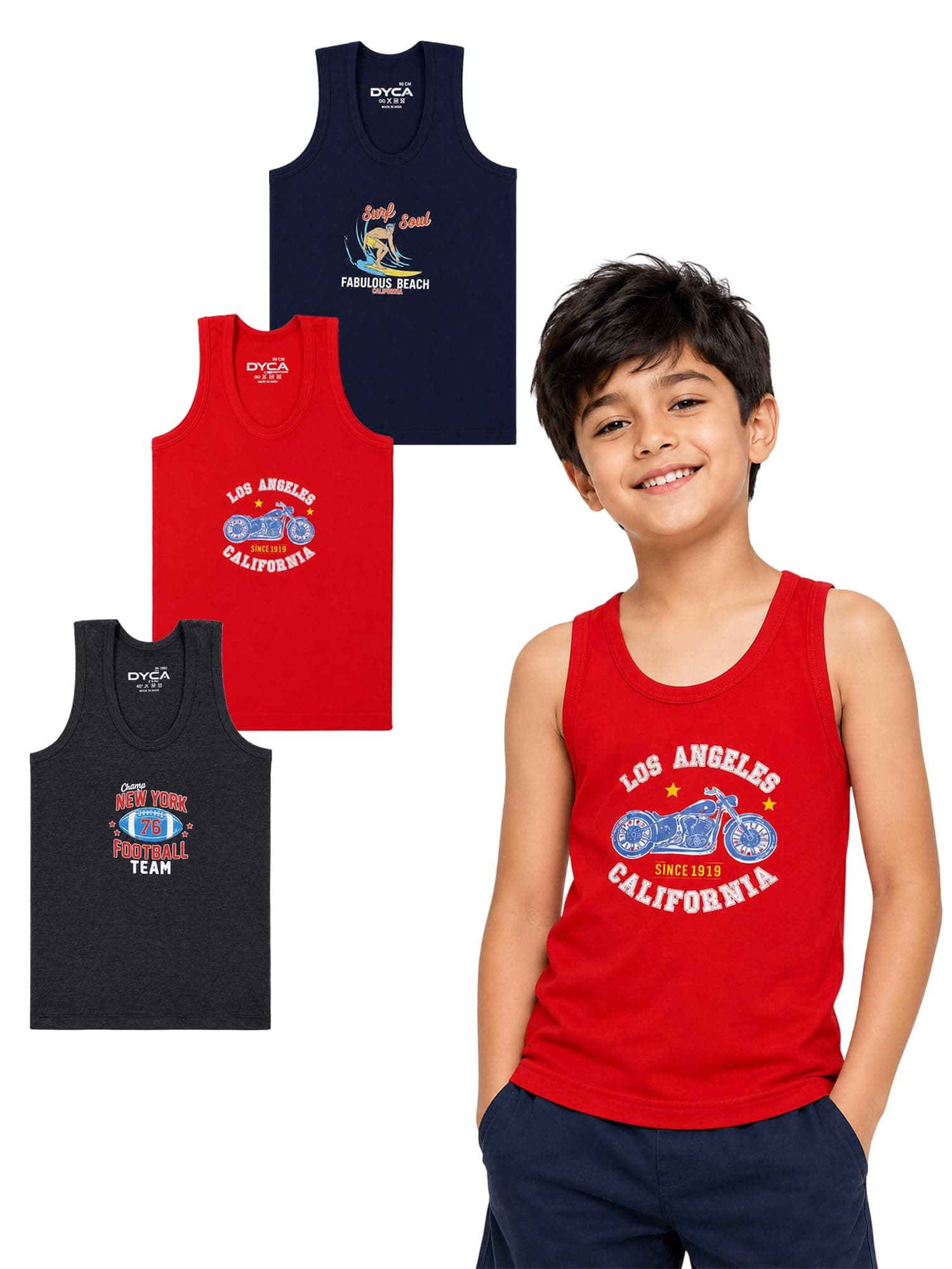 DYCA by Bodycare Boys Printed Vest - Sleeveless Round Neck Cotton Tank Top, Soft Breathable Innerwear, Comfortable Undershirt for Kids & Toddler(Print & Color May Very)
