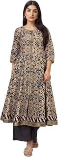 W for Woman Block Print Embroidered Zari Work Anarkali Cotton Kurta