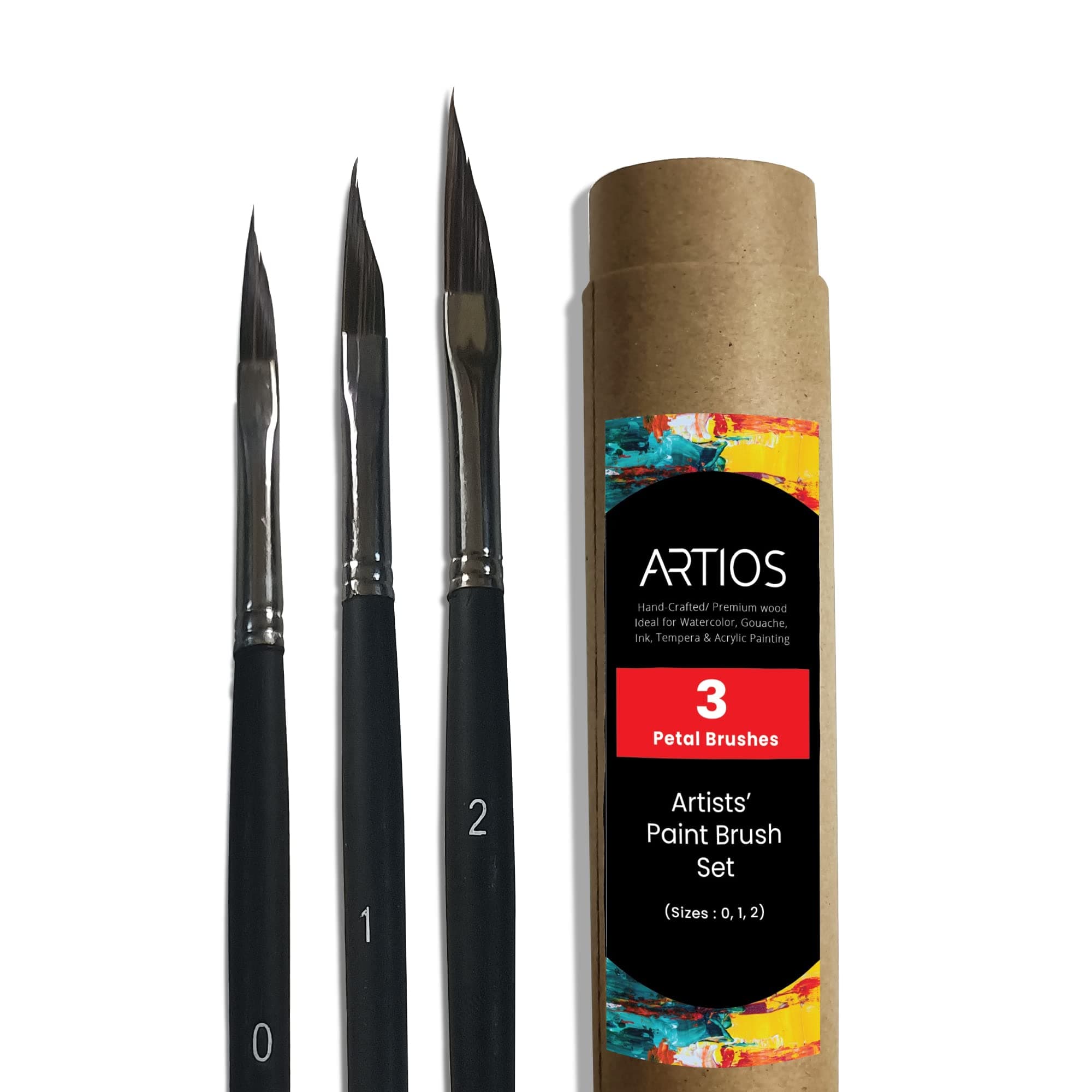 ARTIOS Petal Paint Brushes Set - Handmade Artist Painting Brush Set including Triangle Petal Dagger Brush for Acrylic, Watercolor, & Gouache Painting with Brush Holder, Cruelty-Free (3 brushes), Black
