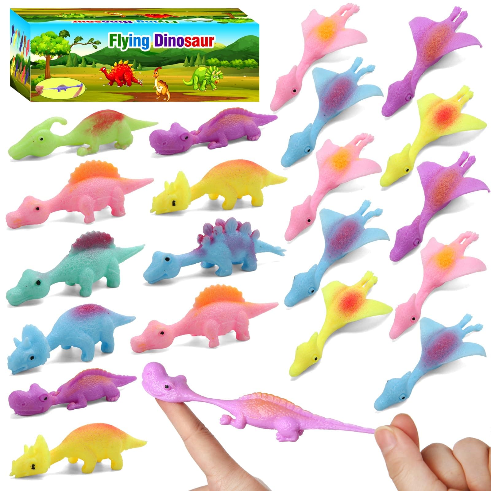 Mantyplay 20 Pcs Slingshot Dinosaur Finger Toys, Flying Dinosaur Party Favors for Kids, Sticky Rubber Dino Fidget Toys, Funny Gag Gifts Treasure Box Classroom Prizes for Boys Girls (Small)