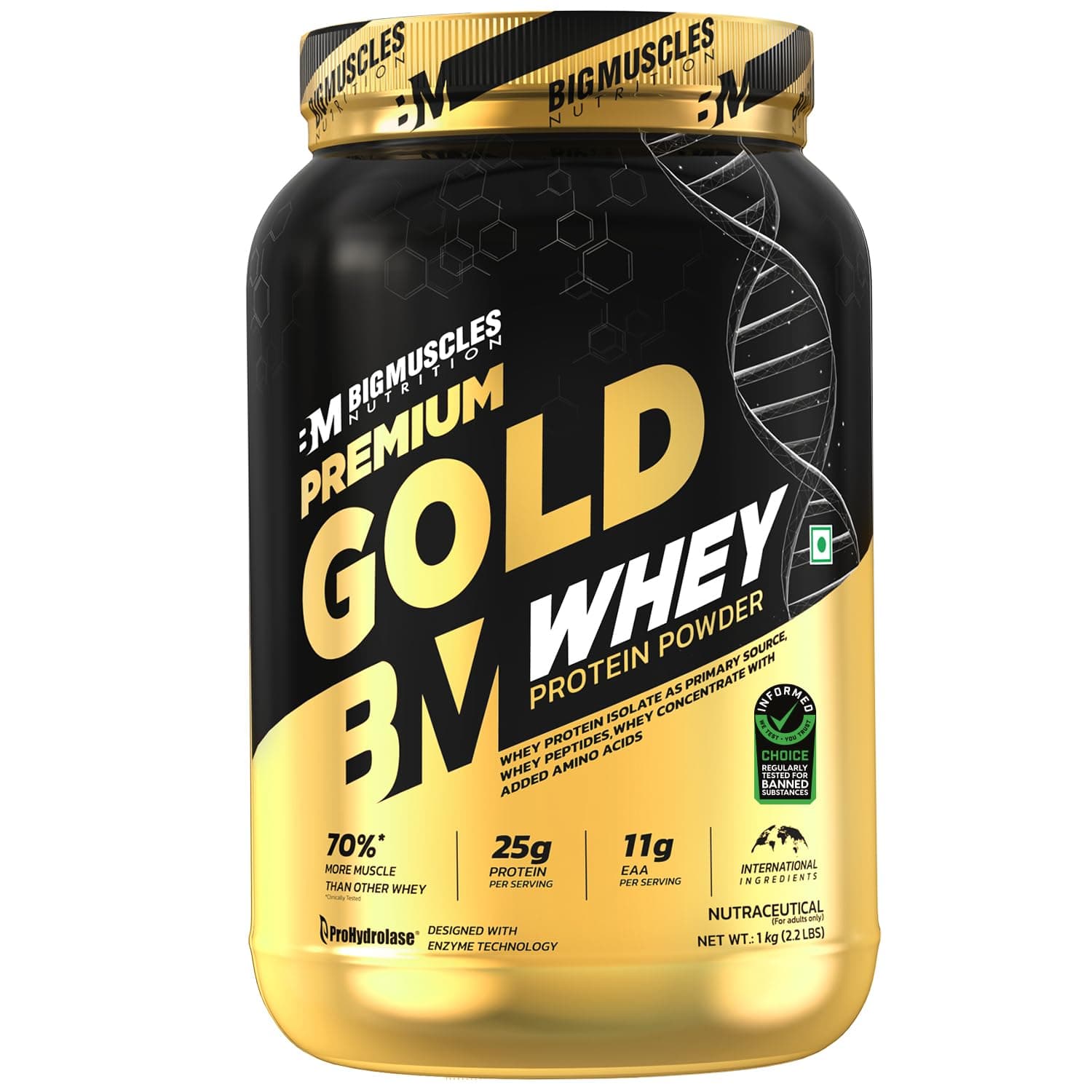 Bigmuscles Nutrition Premium Gold Whey [1Kilogram, Double Rich Chocolate] |Informed Choice UK Certified | Isolate Whey Protein Blend | 25G Protein | 11G EAA | Prohydrolase Enzyme Technology, 37 Grams