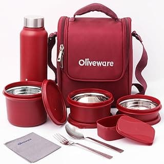 SOPL-OLIVEWARE Teso Pro Lunch Box with Steel Cutlery | 3 Microwave Safe Inner Containers with BPA Free Lids (290Ml, 450Ml, 600Ml) Plastic Pickle Box(130Ml) Steel Water Bottle(750Ml)-Maroon,600 Ml
