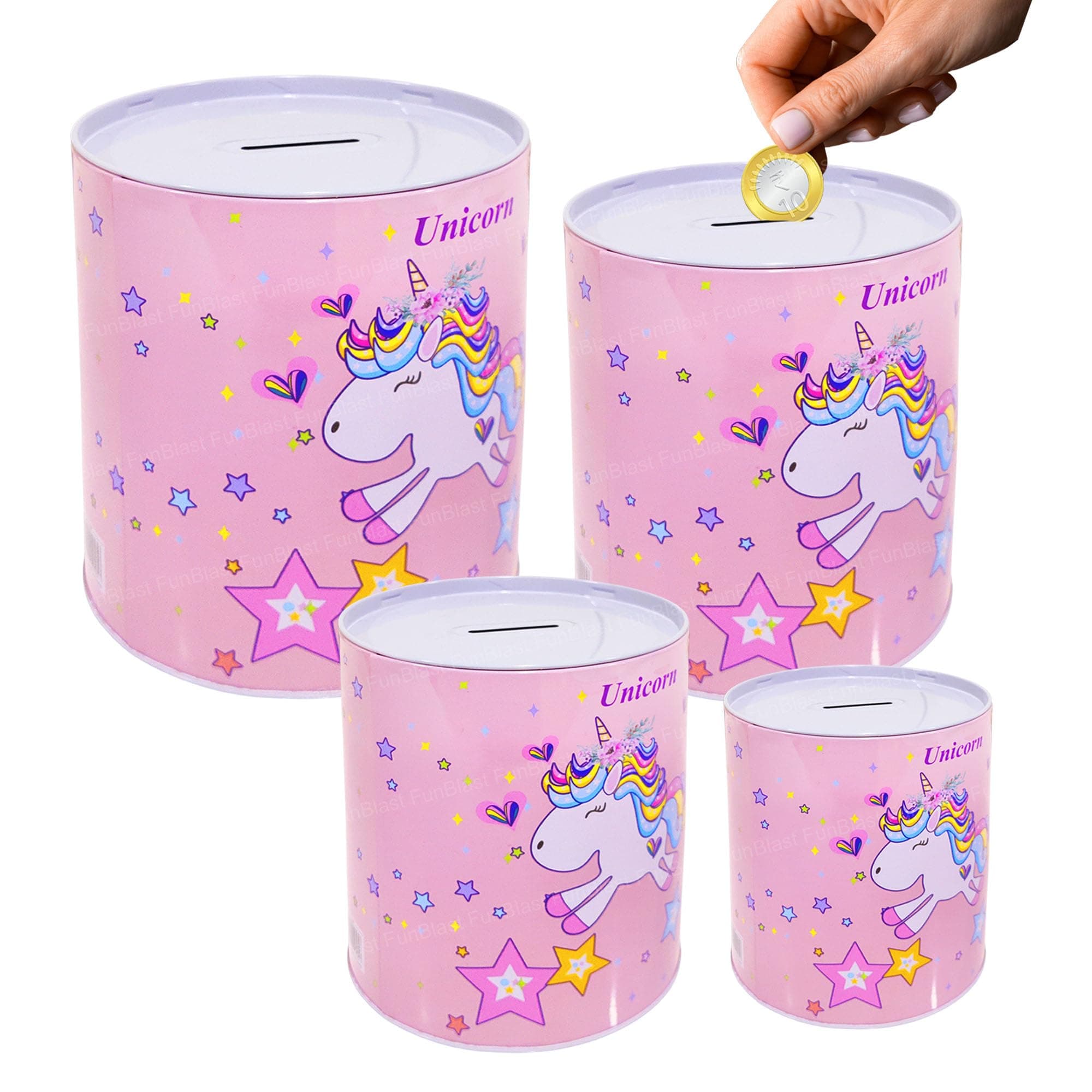 FunBlast Piggy Bank for Kids – Pack of 4 Pcs Unicorn Theme Coin Box, Money Saving Tin Coin Bank, Money Saving Box, Piggy Bank for Girls and Toddlers, Return Gifts for Kids