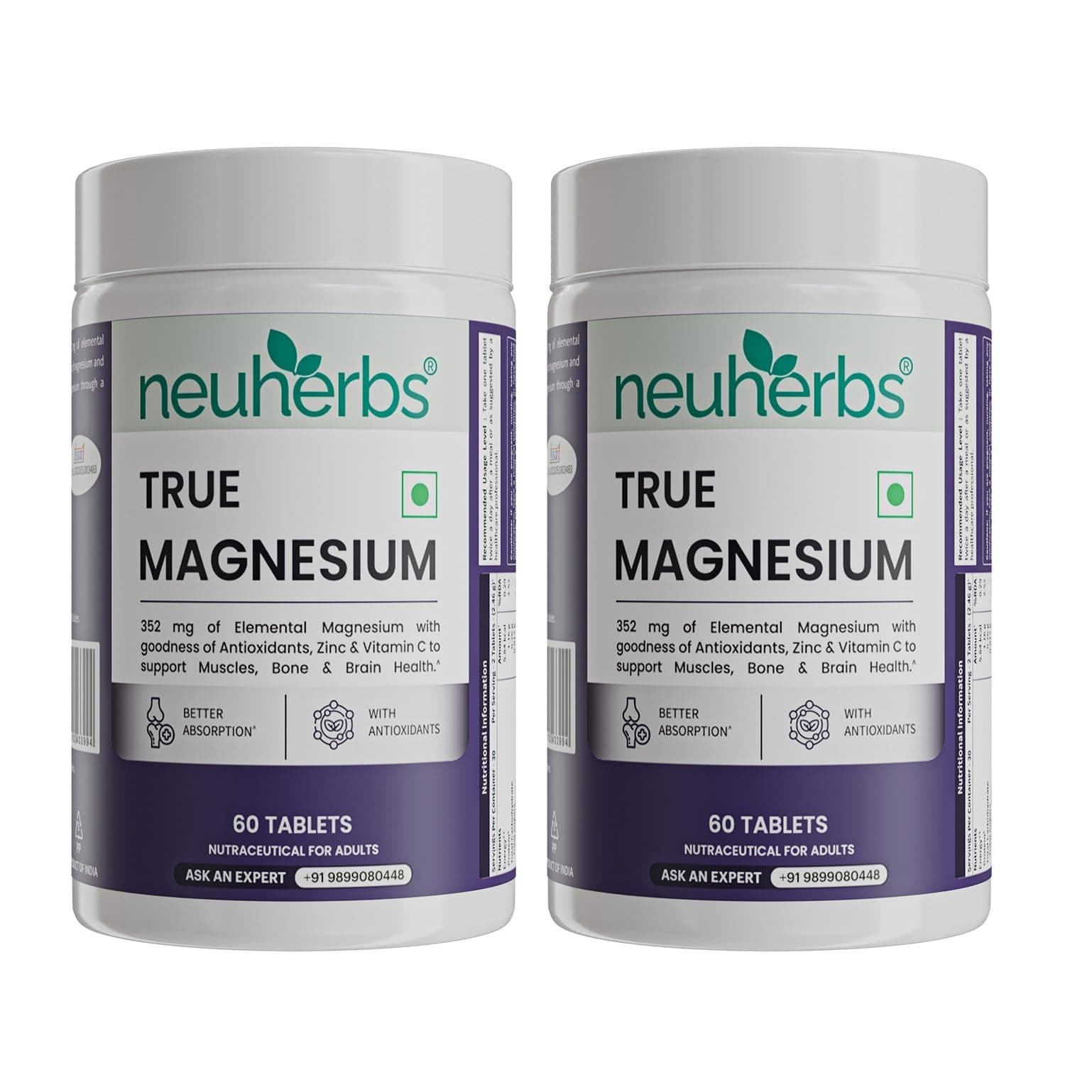 Neuherbs True Magnesium Glycinate Supplement 1600mg - 60 Tablets (Pack of 2) | Chelated Magnesium For Men & Women With Antioxidants, Zinc & Vitamin C For Muscle Recovery, Improved Sleep & Joint Health