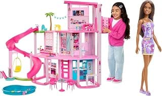 ​Barbie Dreamhouse, Pool Party Doll House with 75+ Pieces and 3-Story Slide, Pet Elevator and Puppy Play Areas​ & Barbie Dolls 1 Wearing Logo Print Dresses, Toy for Kids Ages 3 and Up