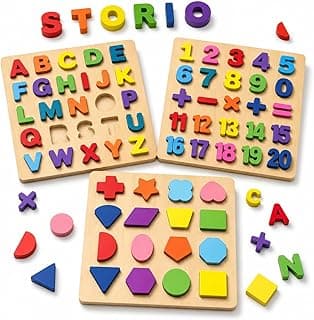 Storio Toys 3 in 1 Wooden Puzzles for Toddlers | Educational Board Game ABCD Alphabets, Numbers & Shapes Puzzles | Toddler Learning Puzzle Toys for Kids 1-3 Years Old | Early Education Gift for Kids