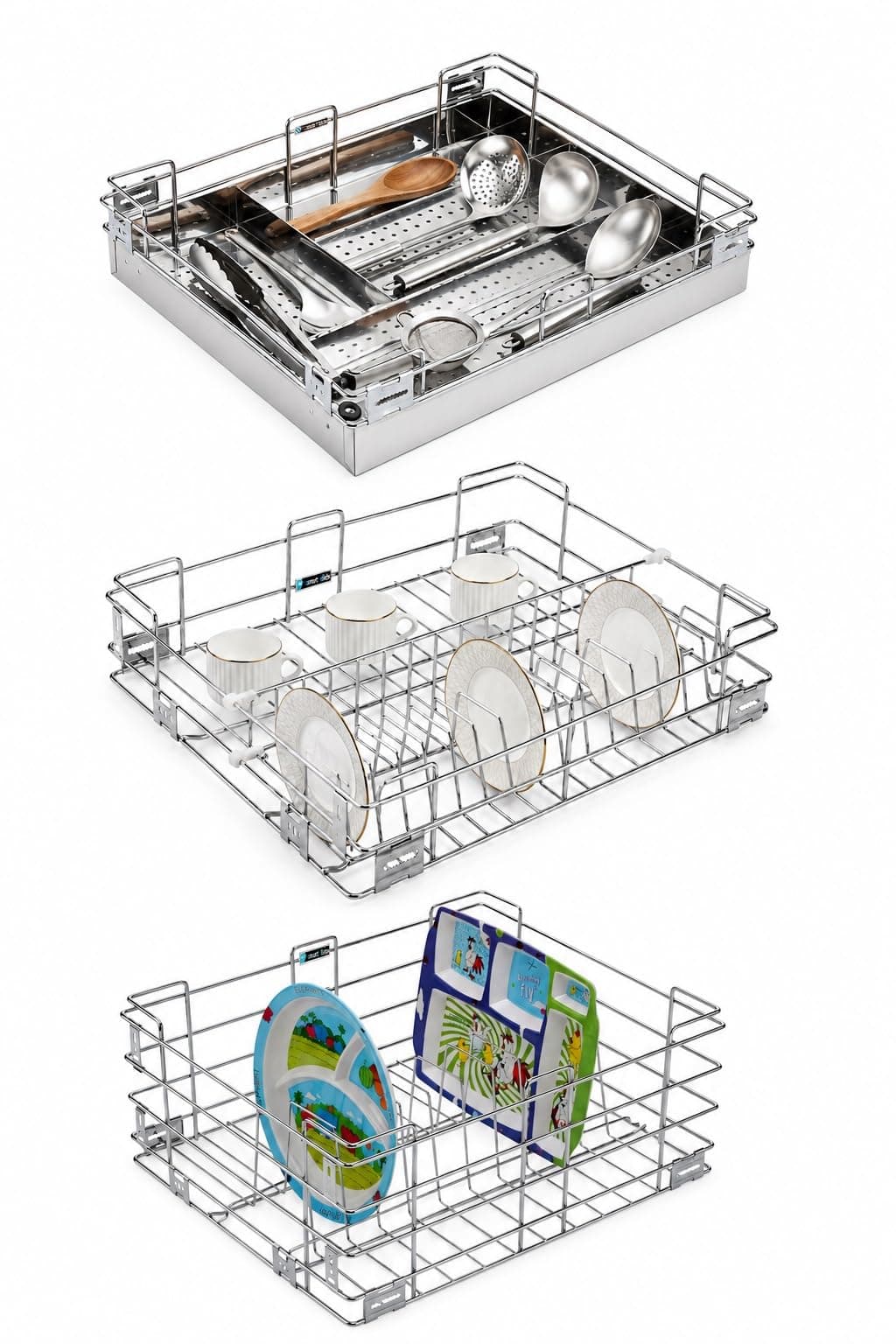 SmartSlide Set of 3 Stainless Steel Kitchen Basket Modular Kitchen Basket Utensils Storage Organizer Cutlery Tray (19 x 20 inch)