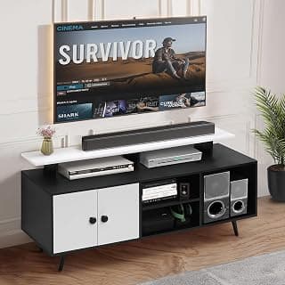 ABOUT SPACE TV Unit for Living Room - Engineered Wood DIY TV Stand with Cable Hole Cabinet with Door, Adjustable Shelf, Open Display Shelves for WiFi Router Stand (Black & White- L140 x B40 x H64 cm)