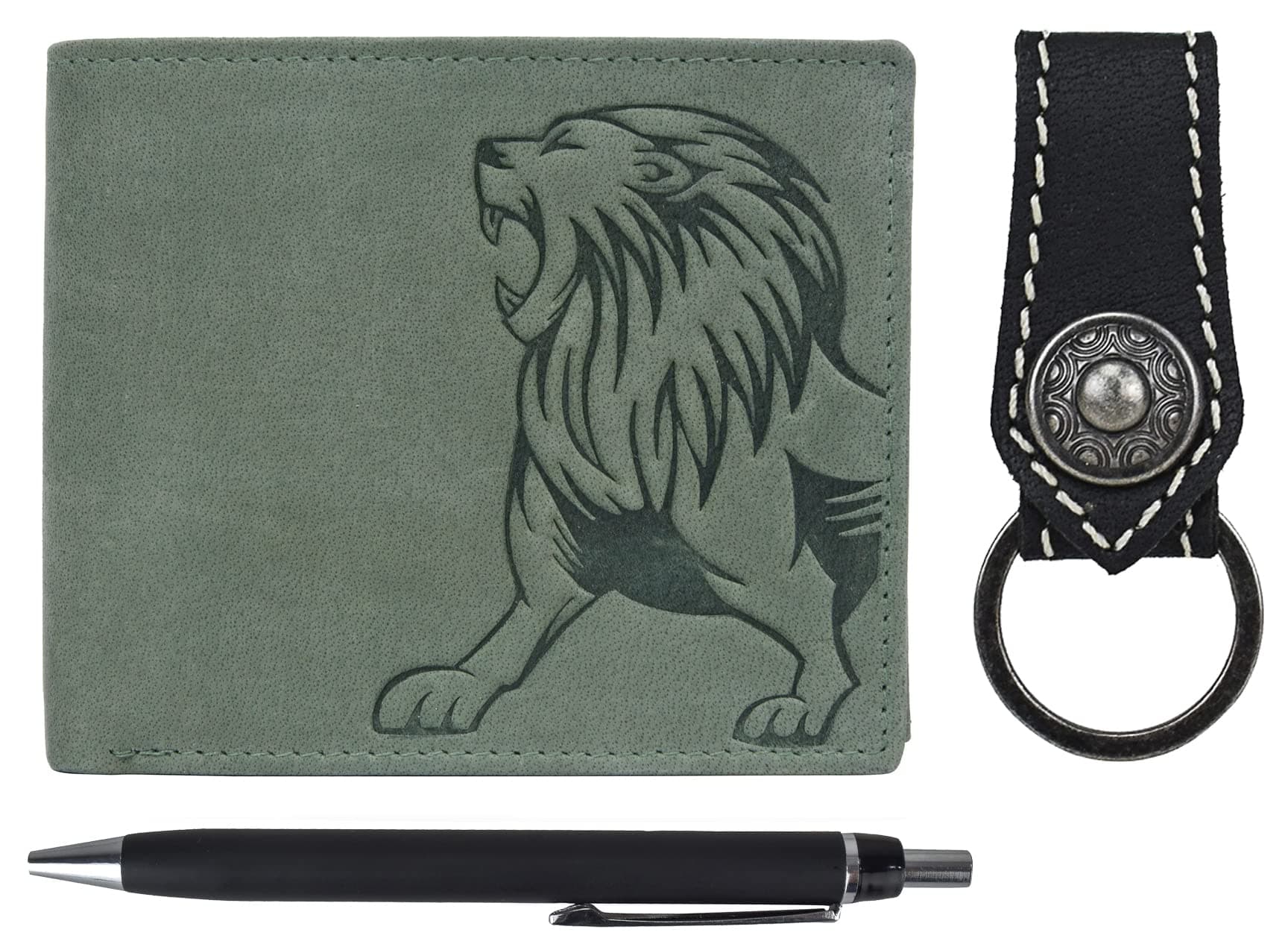URBAN FOREST Green Leather Wallet + Black Pen + Keychain Combo Gift Set for Men