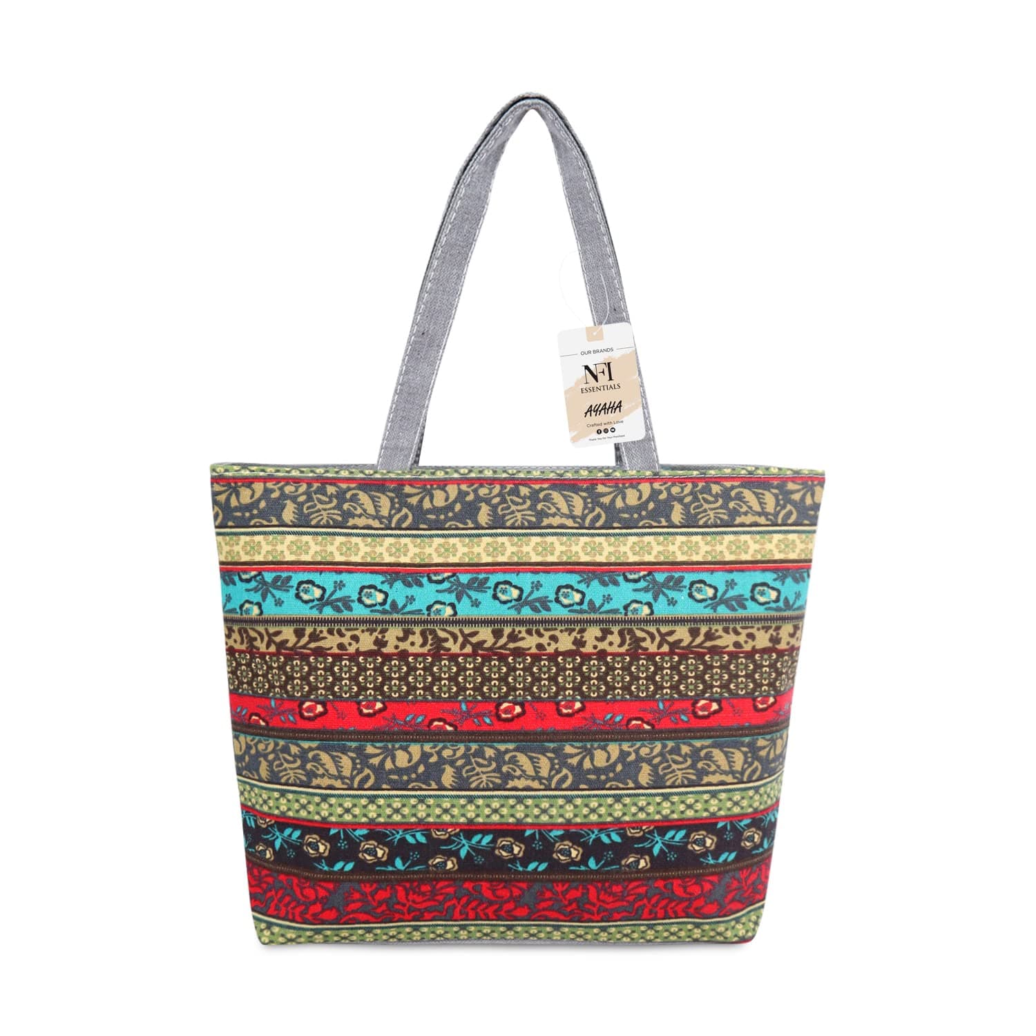 NFI essentials Canvas Printed Tote Bag for Women with Zipper, Casual Handbag Shopping, Tote Grocery Portable Bag Eco-friendly Hobo Bag, Travel, Work, Beach, Office, College