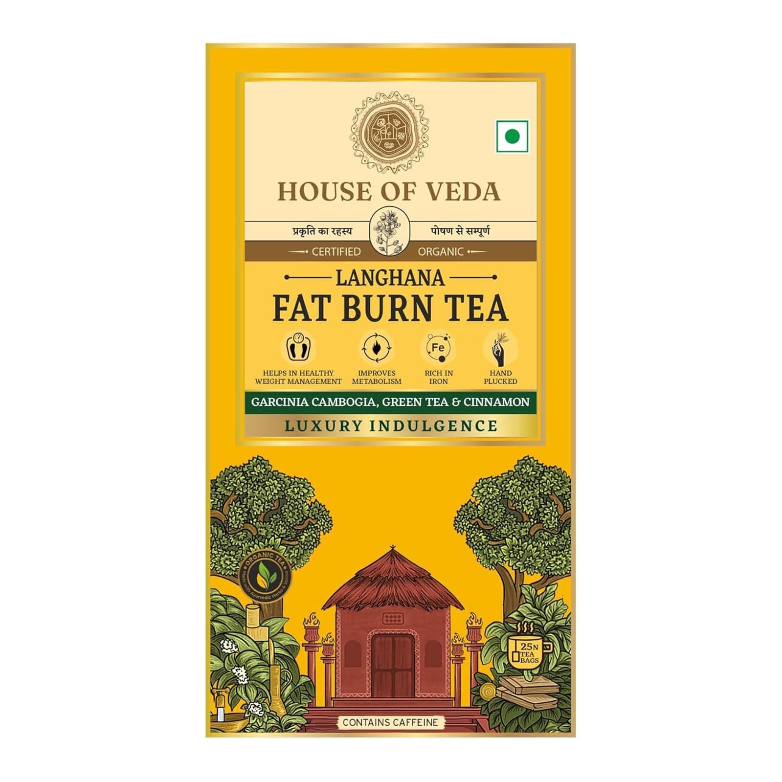 House of Veda Fat Burn Infusion | Triple Action Ayurvedic Blend with Green Tea, Garcinia, Cinnamon & Ginger | Supports Metabolism & Weight Management | Non-Bitter Herbal Tea | 25 Tea Bags